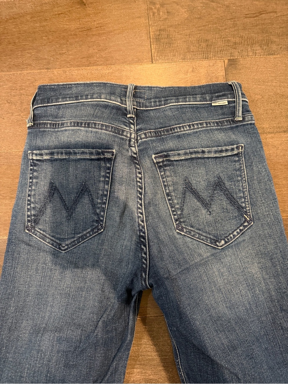 MOTHER Straight Leg Jeans in Faded Blue with Back Pocket 'M' Stitch